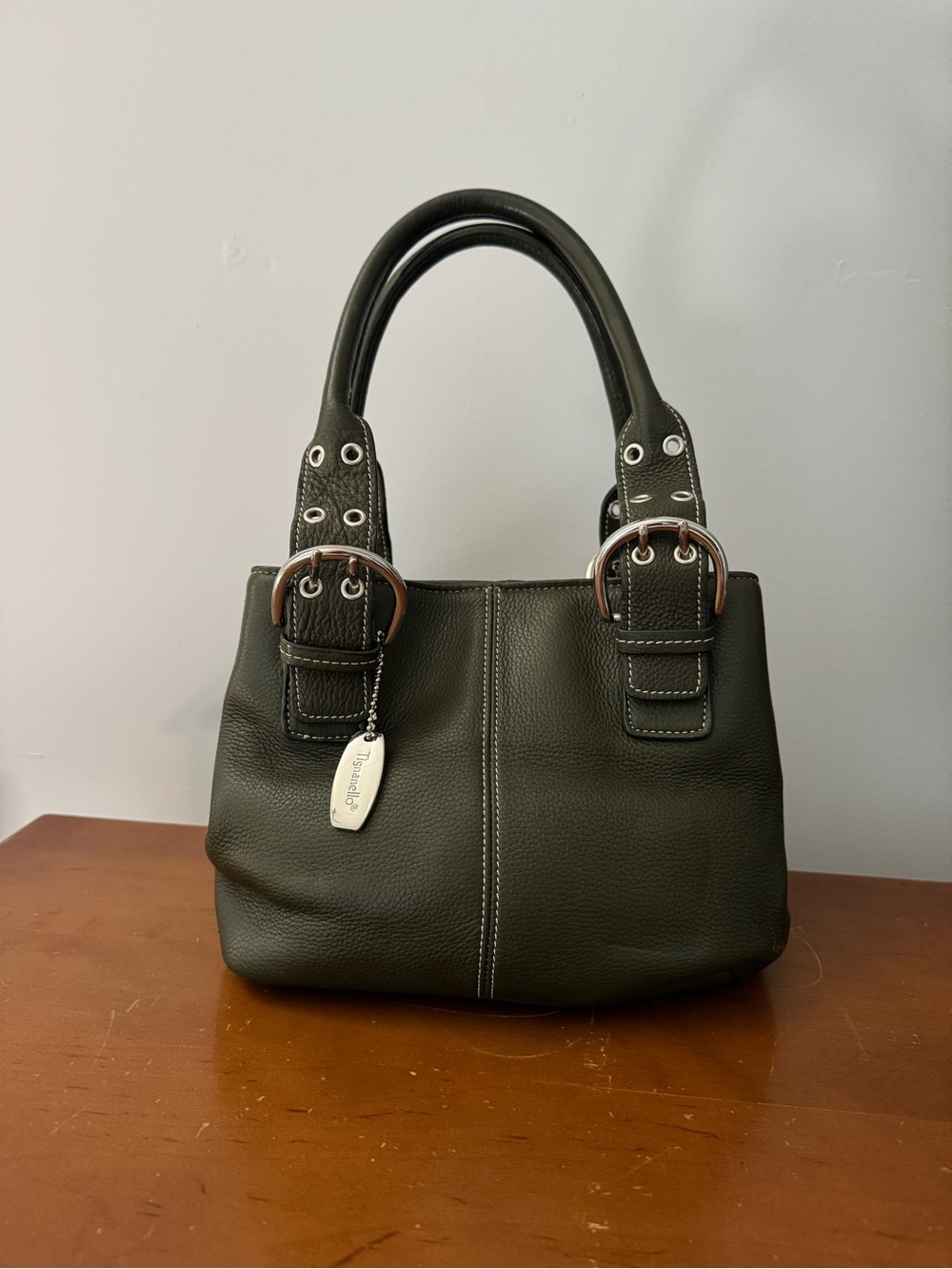 Tignanello Olive Green Pebbled Leather Satchel with Buckle Straps